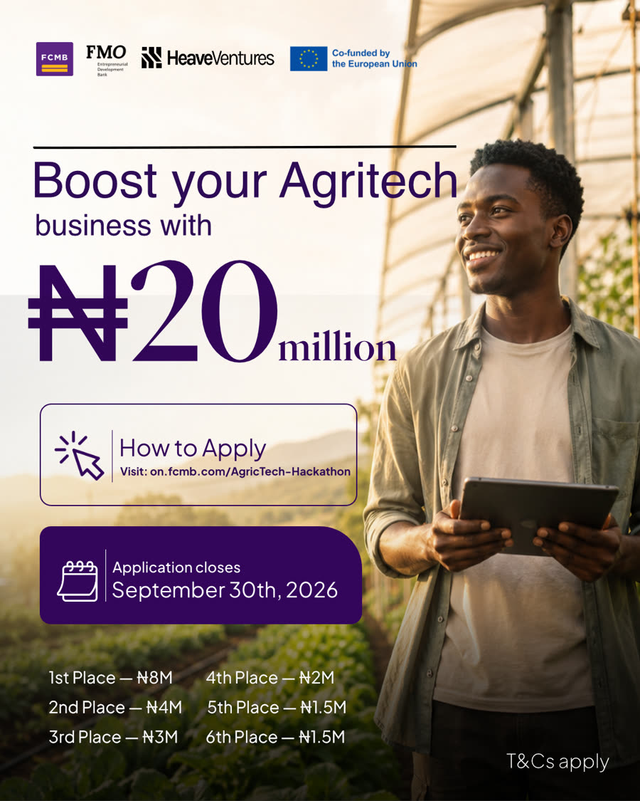 FCMB AgriTech Program 2026 campaign poster: boost your agritech business with 20 million naira